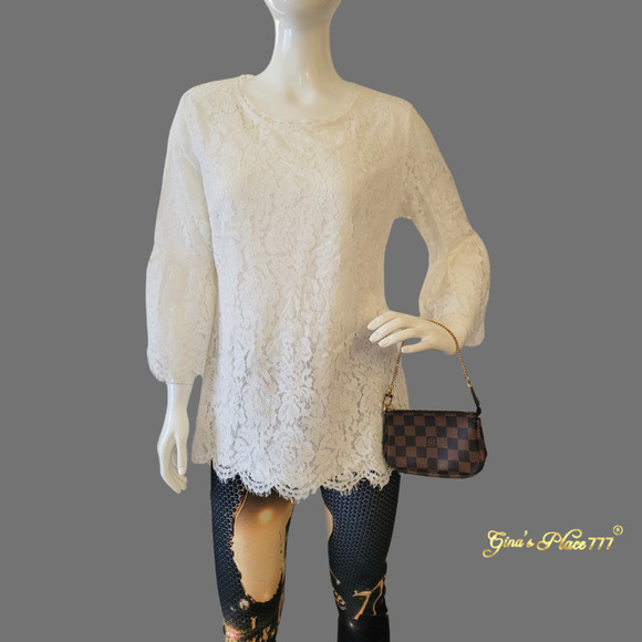 Isaac Mizrahi Live! 3/4Bell Sleeve Scalloped Trim Layered Lace Tunic Top Ivory M - Picture 1 of 12